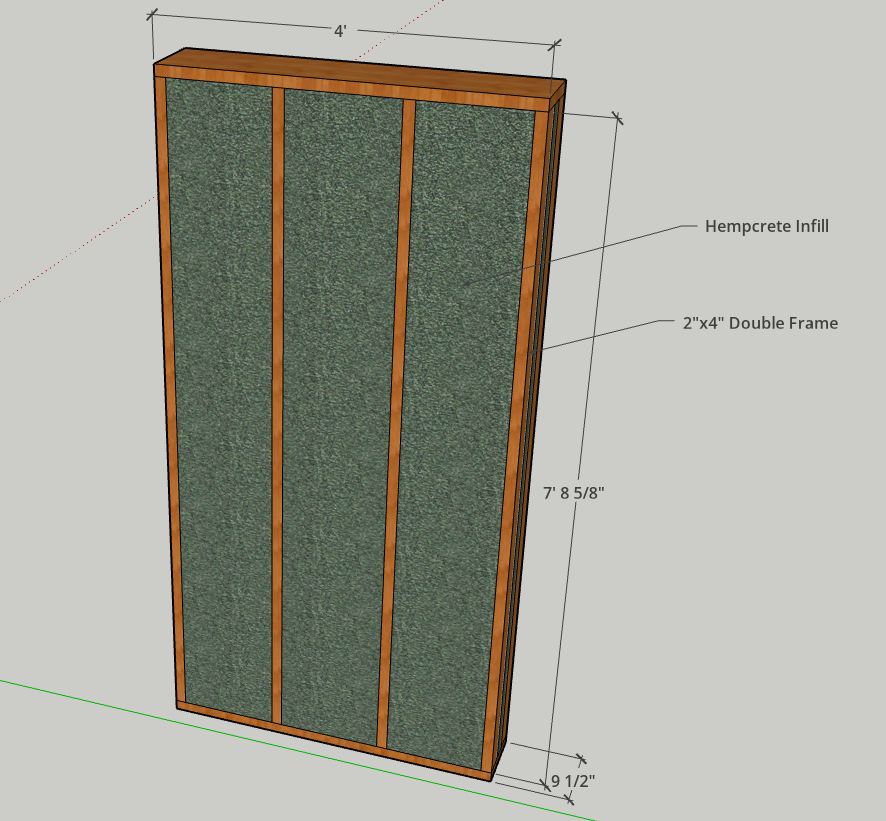 Standard wall panel: hempcrete infill inside a 2 by 4 inch double timber frame, 4 feet wide by 7 feet 8 and 5/8 inches tall, 9 and 1/2 inches thick